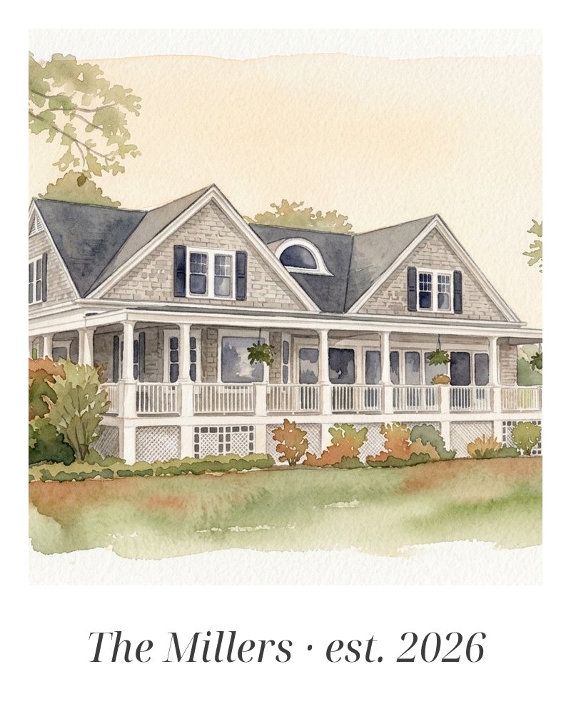 The same house as a watercolor print titled The Millers, est. 2026